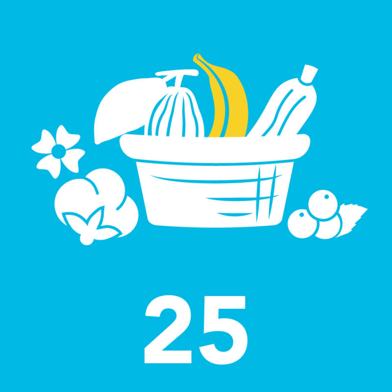 Die Zahl 25 und ein Symbol mit einem Korb voller Früchte